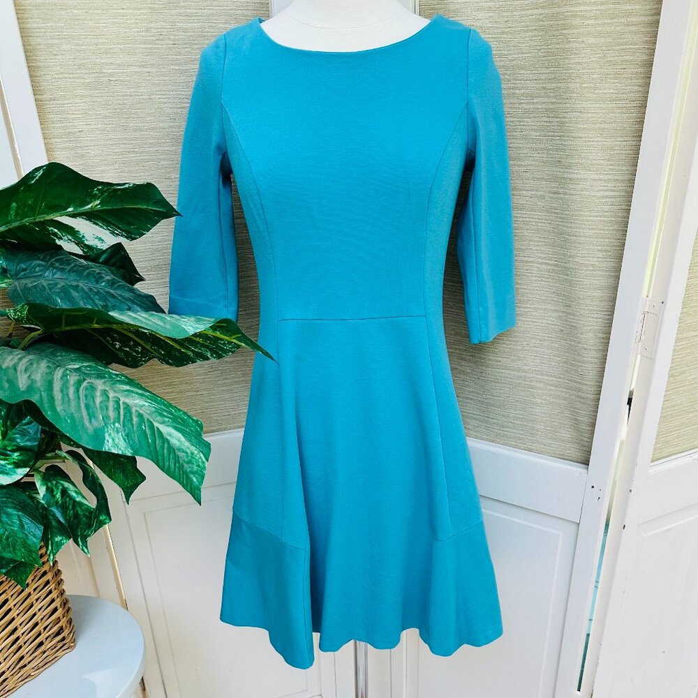 Boden Alice Ponte Fit & Flare Dress 6 Petite Blue 3/4 Sleeve Lined Career